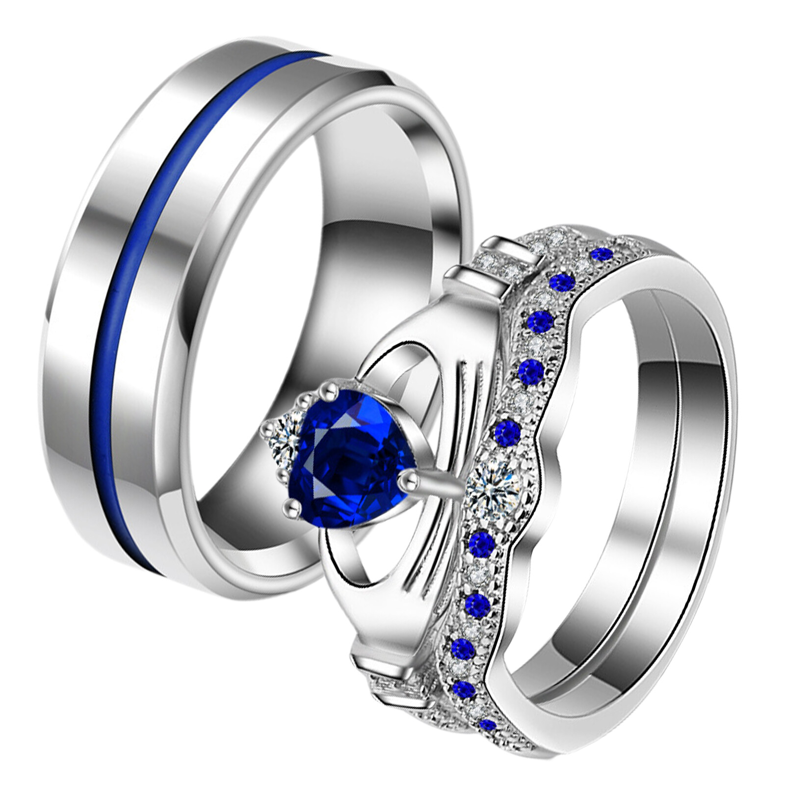 Men Women Detachable Couple Rings 2pcs Set CZ Promise Wedding Engagement Band