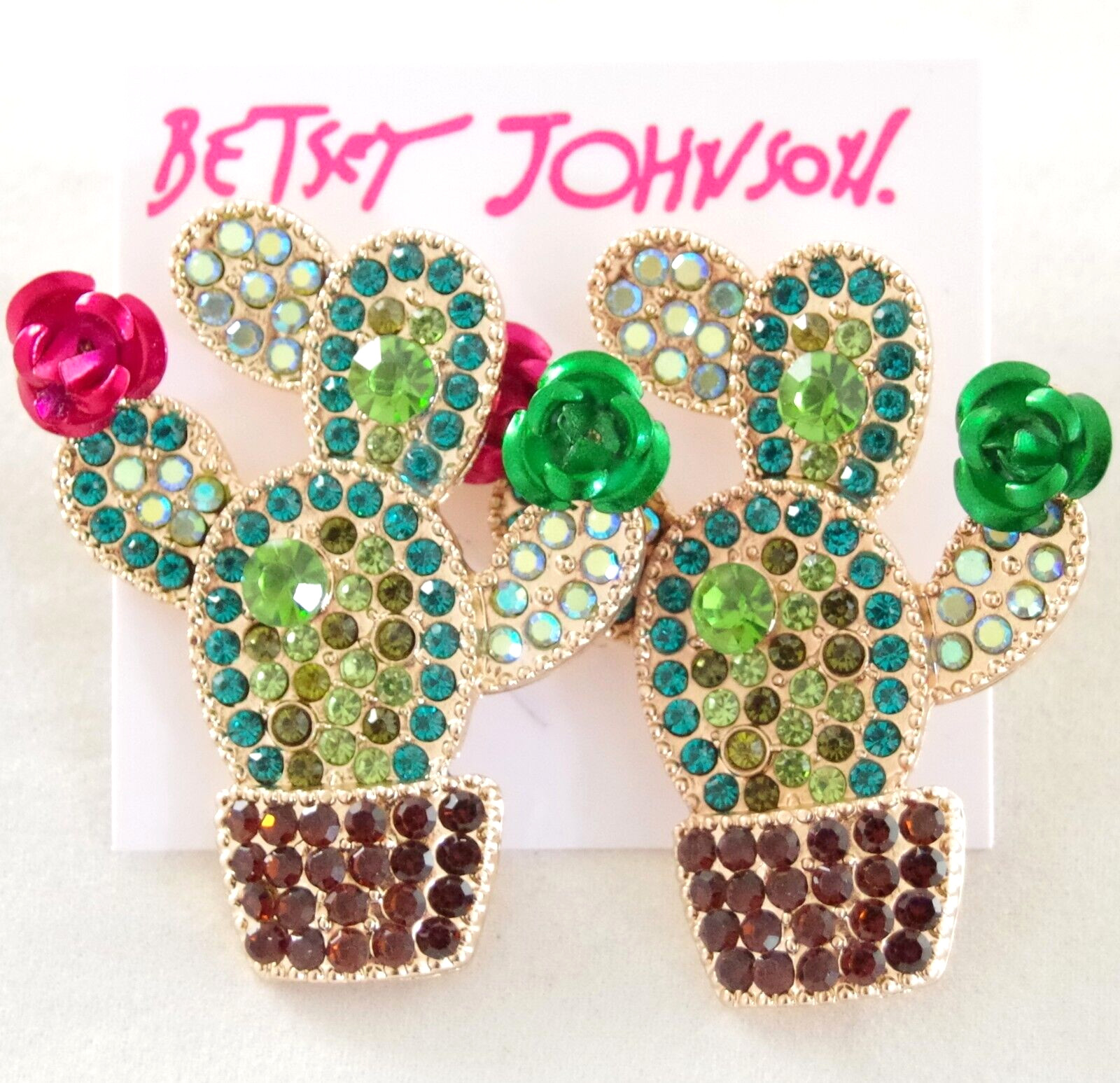 1.75″ BETSEY JOHNSON CRYSTAL RHINESTONE CACTI w 3D METAL CACTUS FLOWERS EARRINGS