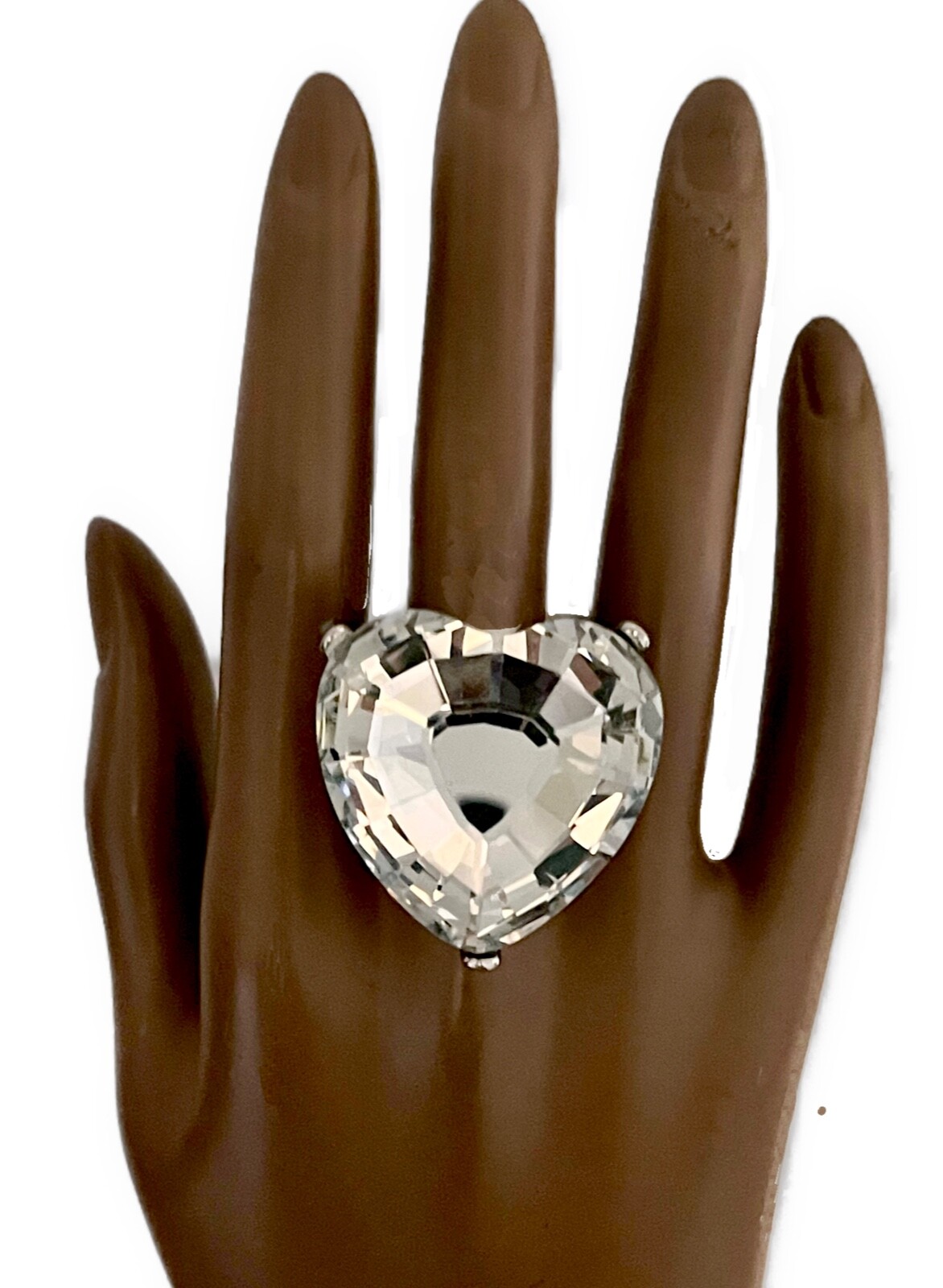 1.3/8″ Dropl Colorless Clear Crystal Heart Stretch Cocktail Ring Costume Jewelry