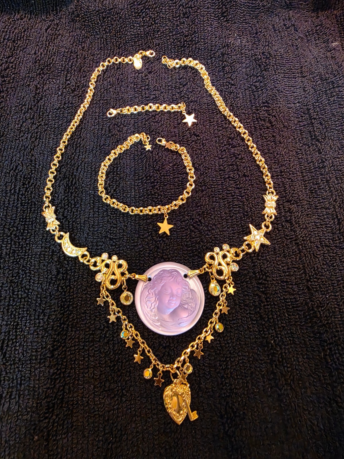 Kirks Folly signed Dream Angel Lavender Glass Gold Tone Necklace with extensions