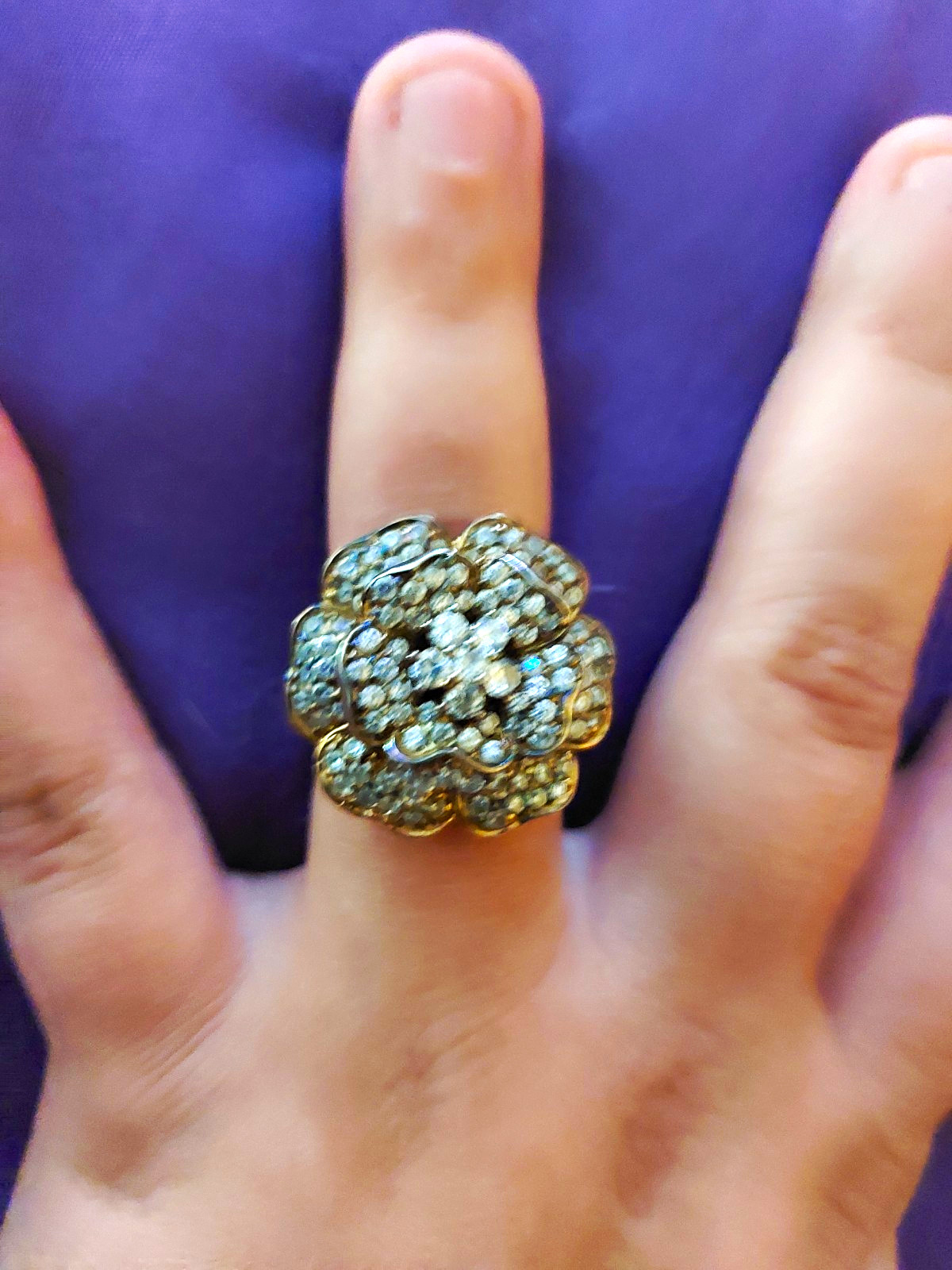 Gold Tone Flower Cluster Cocktail Ring Size 8 with Clear Crystal Rhinestones