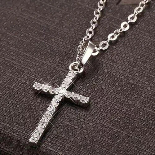 1.20 Ct Round Cut Simulated Diamond Cross Pendant Chain 14K White Gold Plated