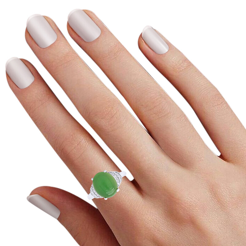 Simulated Emerald & Simulated Diamond Halo Ring In 14K White Gold Plated Size 9