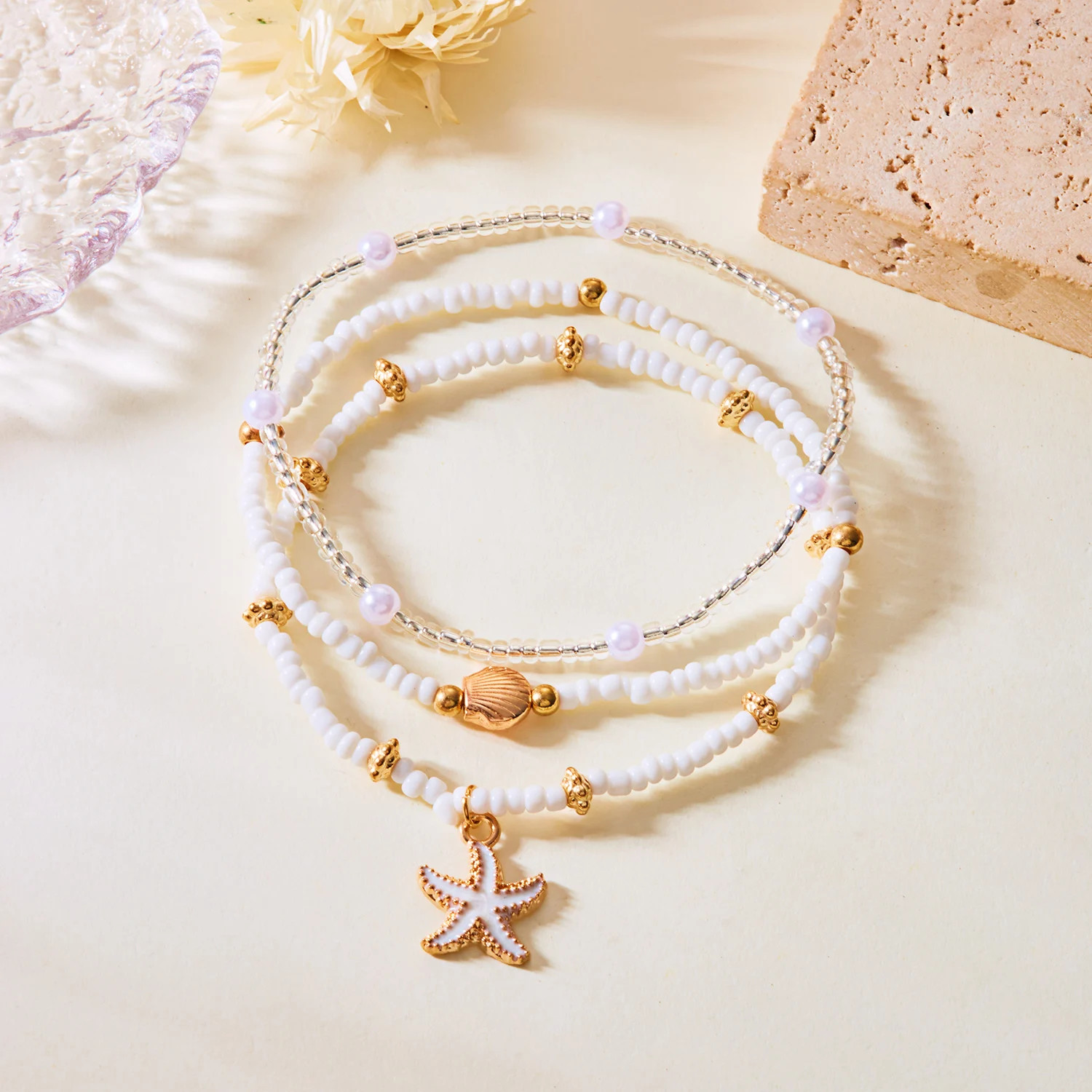 Handmade Shell Starfish Anklets for Women Bohemian Multilayer Rice Beads Bracele