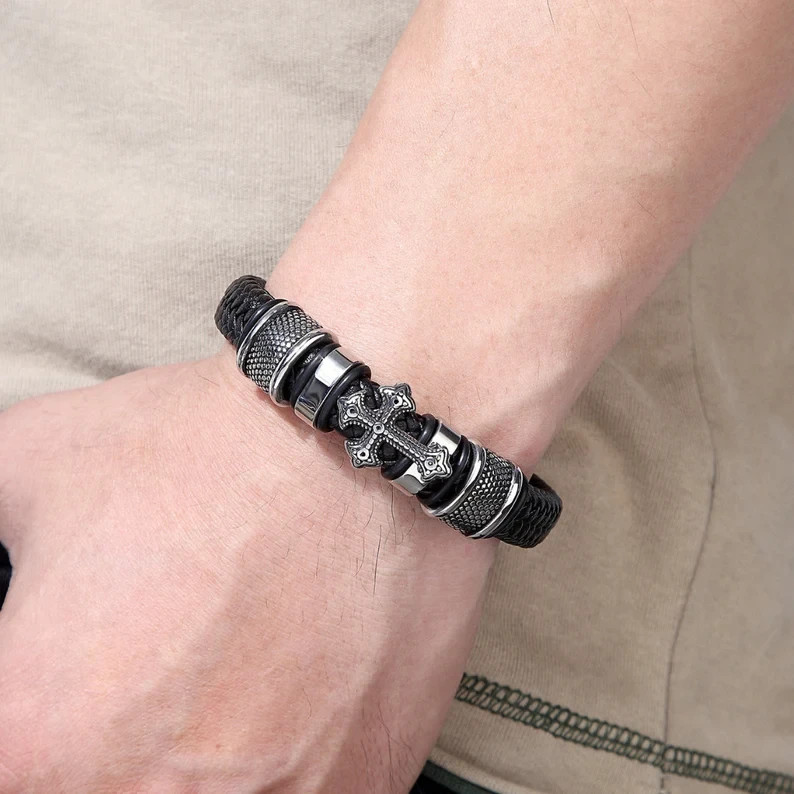 Men’s Cross Leather Bracelet Braided Christian Bangle Stainless Steel Jewelry