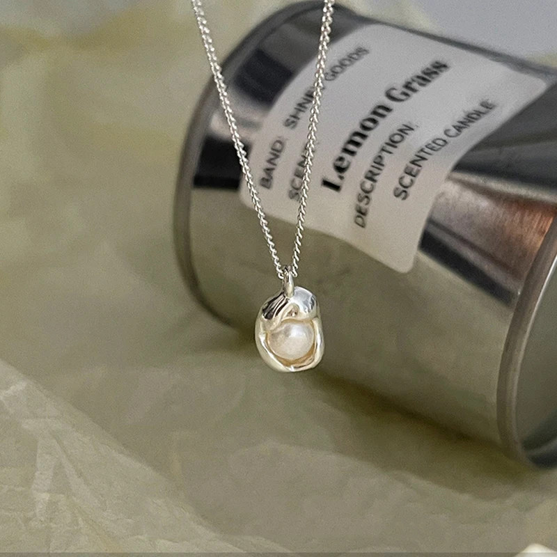 Sterling Silver Necklace Pearl Geometric Pendant Choker Vintage Women Jewelry