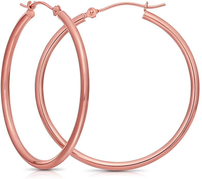 14k Rose Gold 2mm Polished Round Tube Hoop Earrings, Diameter 35mm