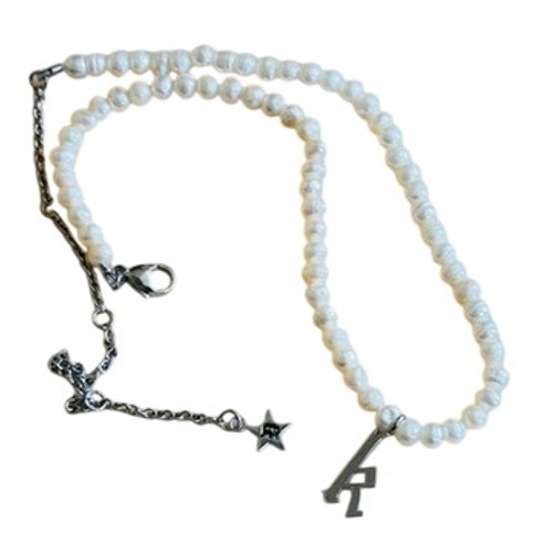 Dalmata Initial letter “K” Pearl Necklace Stainless Steel Pearl Goth Rockabilly