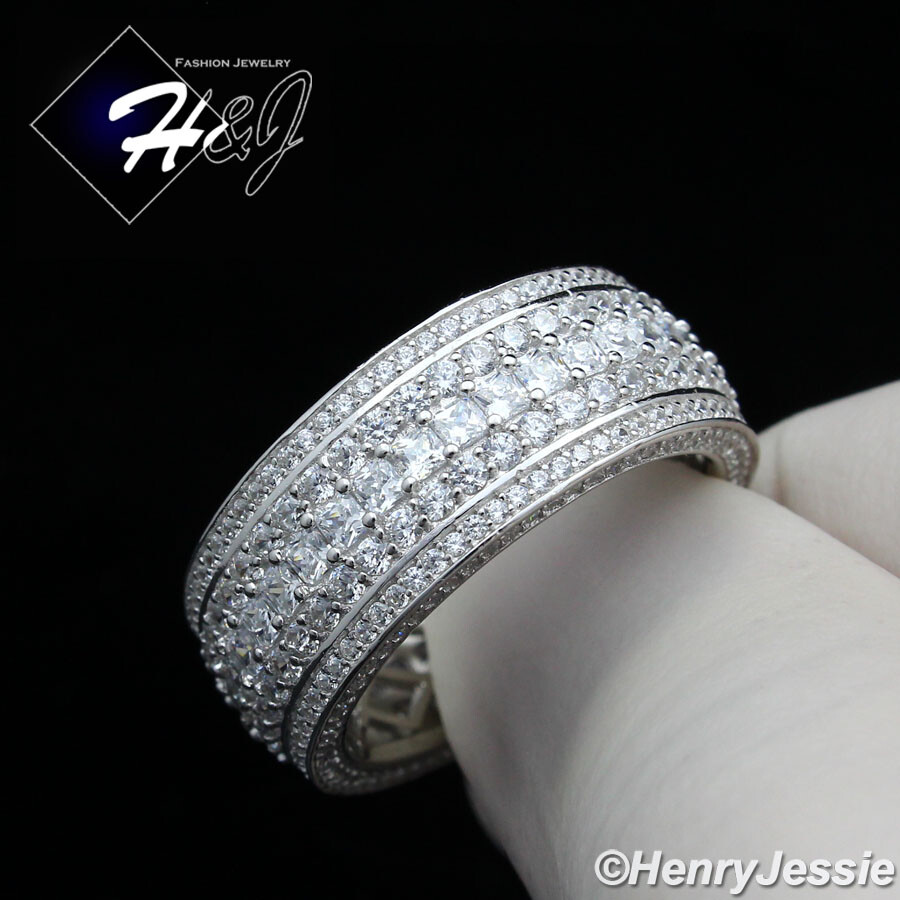 925 STERLING SILVER FULL ICY BLING CZ 10MM GOLD PLATED/SILVER WEDDING RING*SR119