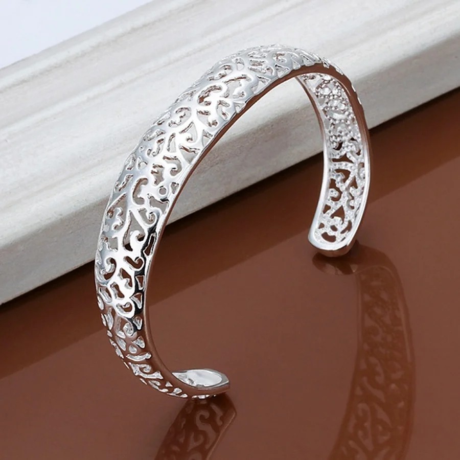 925 Sterling Silver Open Cuff Bangle Bracelet Round Women Fashion Jewelry Gift