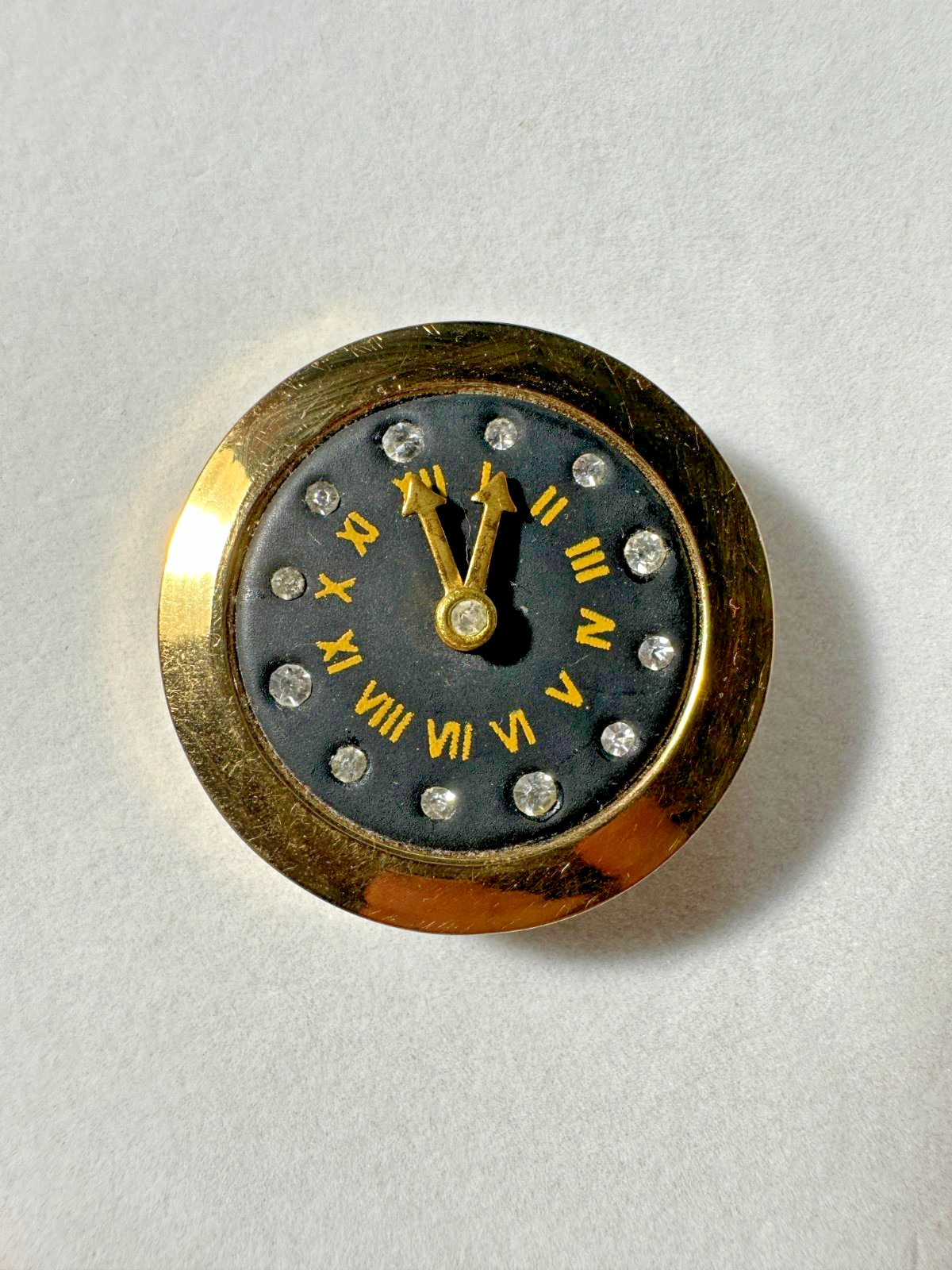 Vintage Clock Face Pill Case Gold Tone Black Enamel Midnight Dial w/ Rhinestone