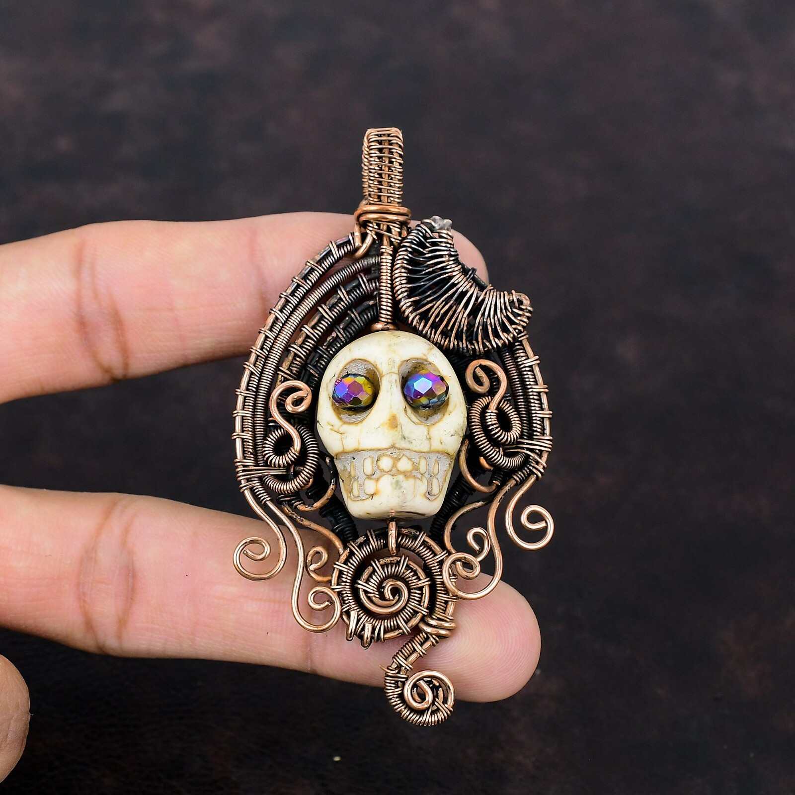 Howlite Copper Friend Gift Wire Wrapped And Skull Face Pendant 3.23″