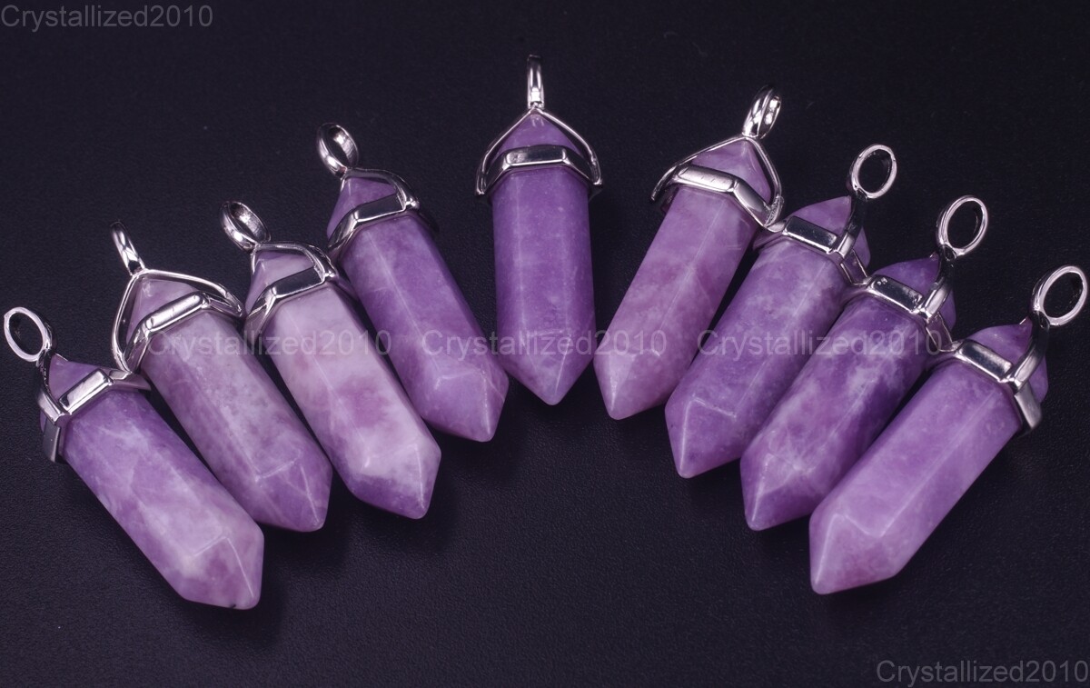 Natural Gemstone Purple Lepidolite Pointed Healing Reiki Pendant Charm Beads