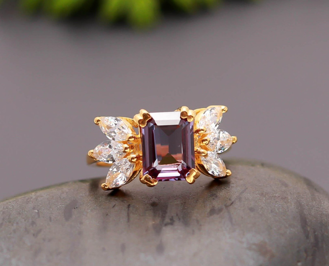 Color Changing Alexandrite Octagon Ring 925 Sterling Silver Gold Plated Jewelry