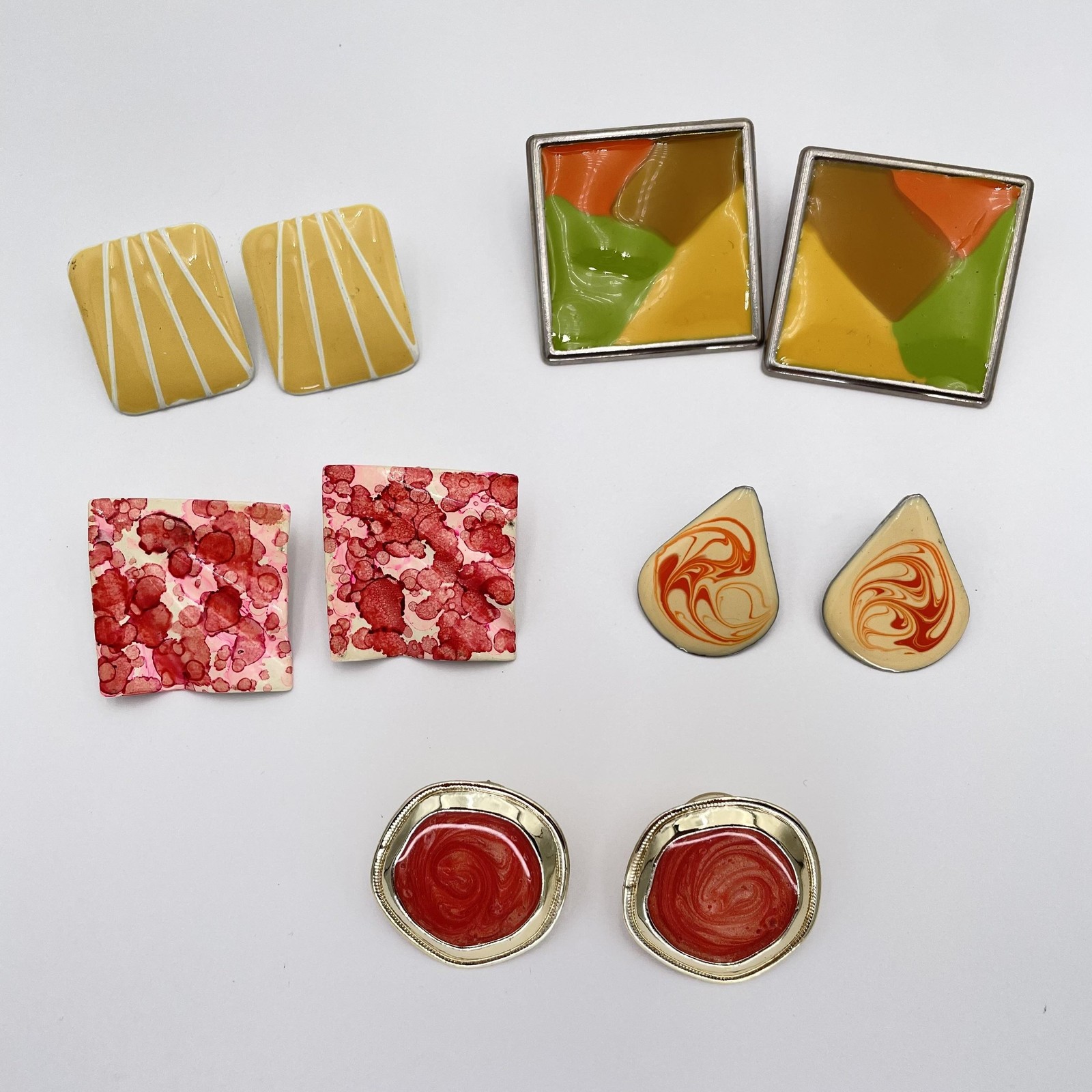 Vintage Retro Enamel Geometric Statement Earrings Lot Mixed Colors Artsy Pierced