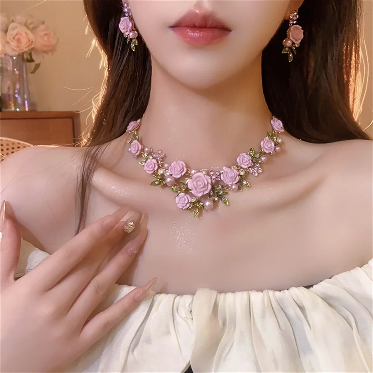 Purple Floral Acrylic Crystal Jewelry Set for Women Necklace Earrings Wedding Br