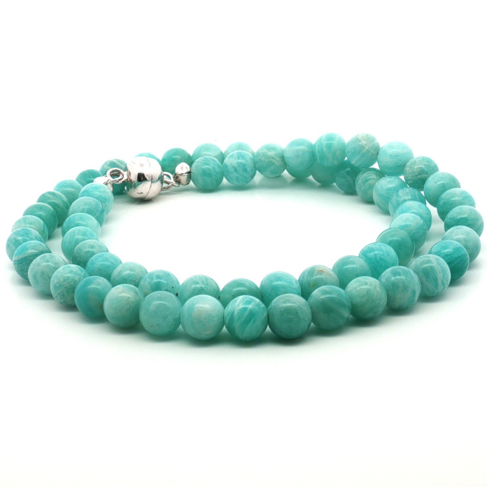 Natural Amazonite Beaded Necklace 45cm in 925 Sterling Silver Rhodium