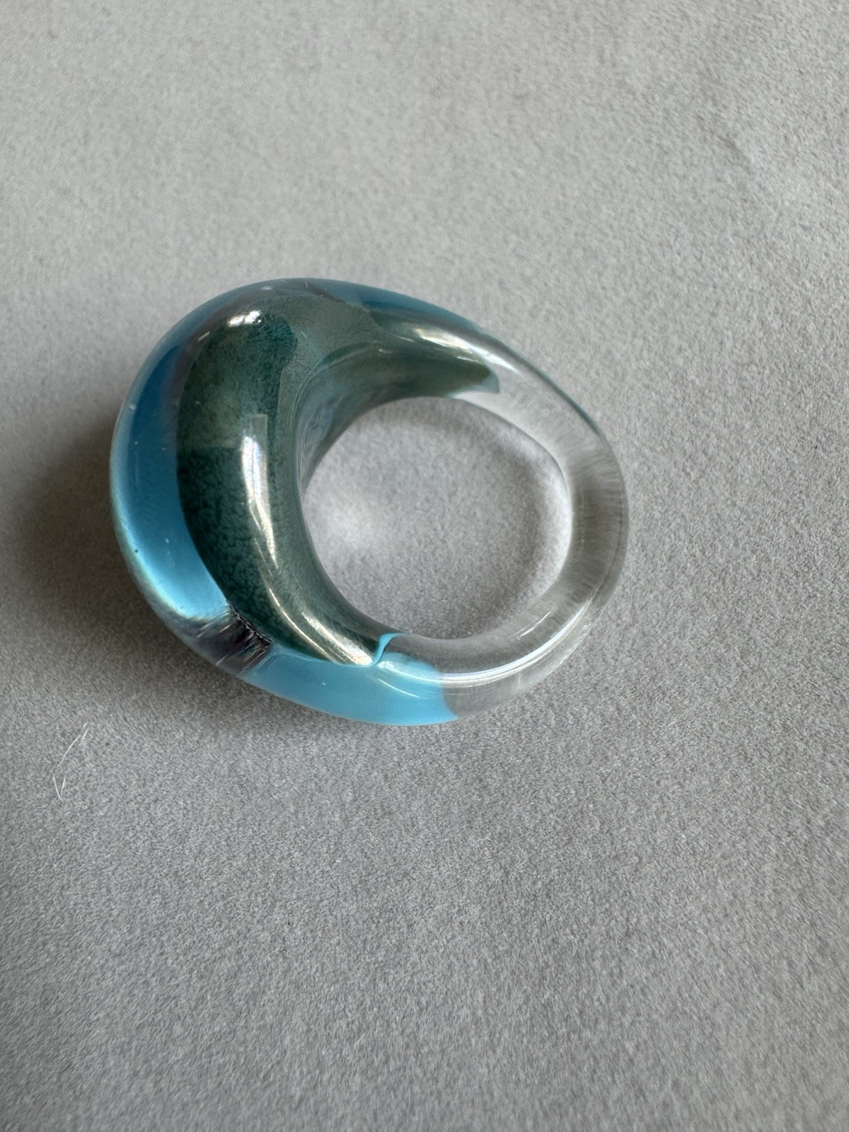 Bohemian Hand Blow Art Glass Ring Turquoise Dome Clear Lace Web Design Statement
