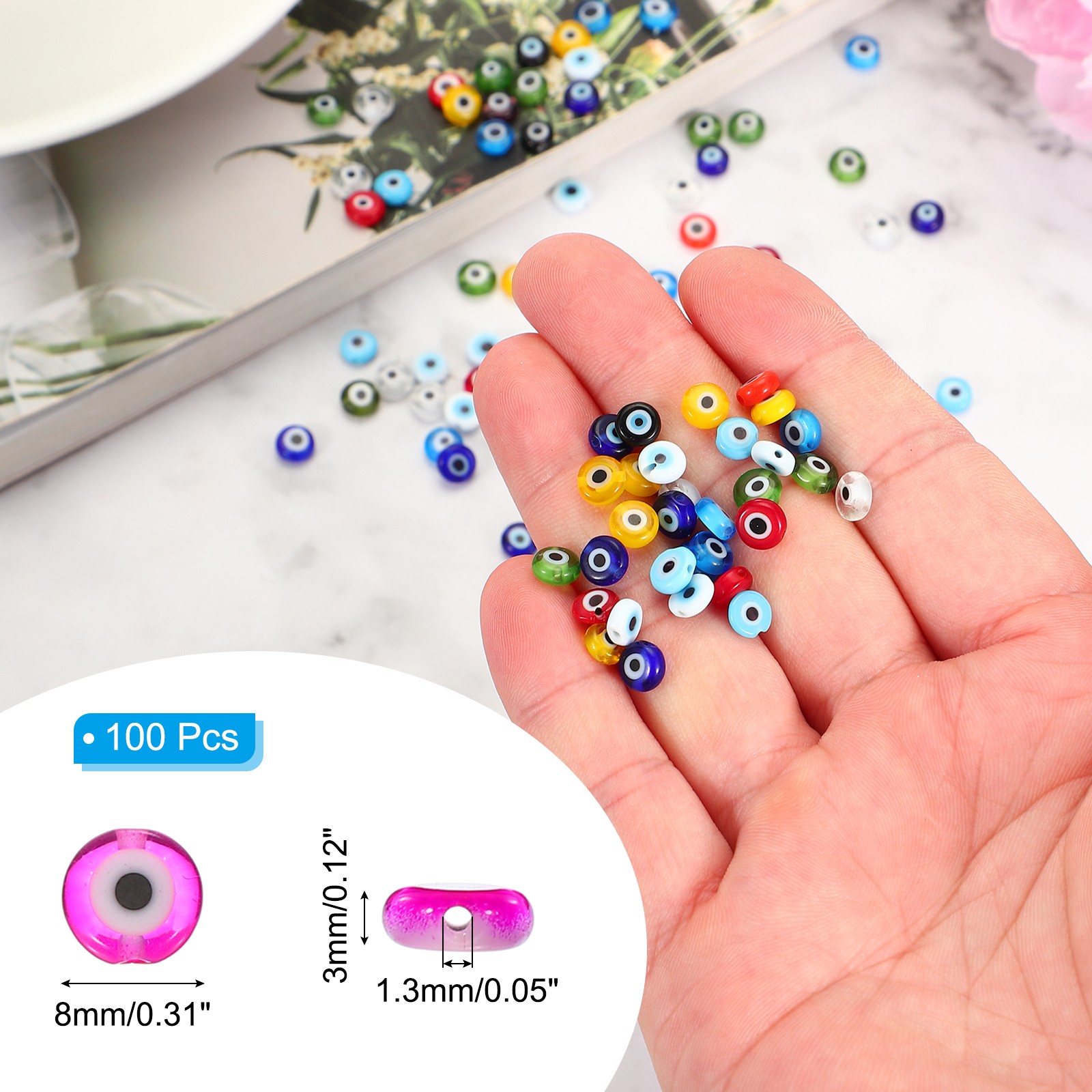 8mm Flat Evil Eye Beads, 100Pcs Turkish Evil Eye Charm Round Shape, Clear Purple