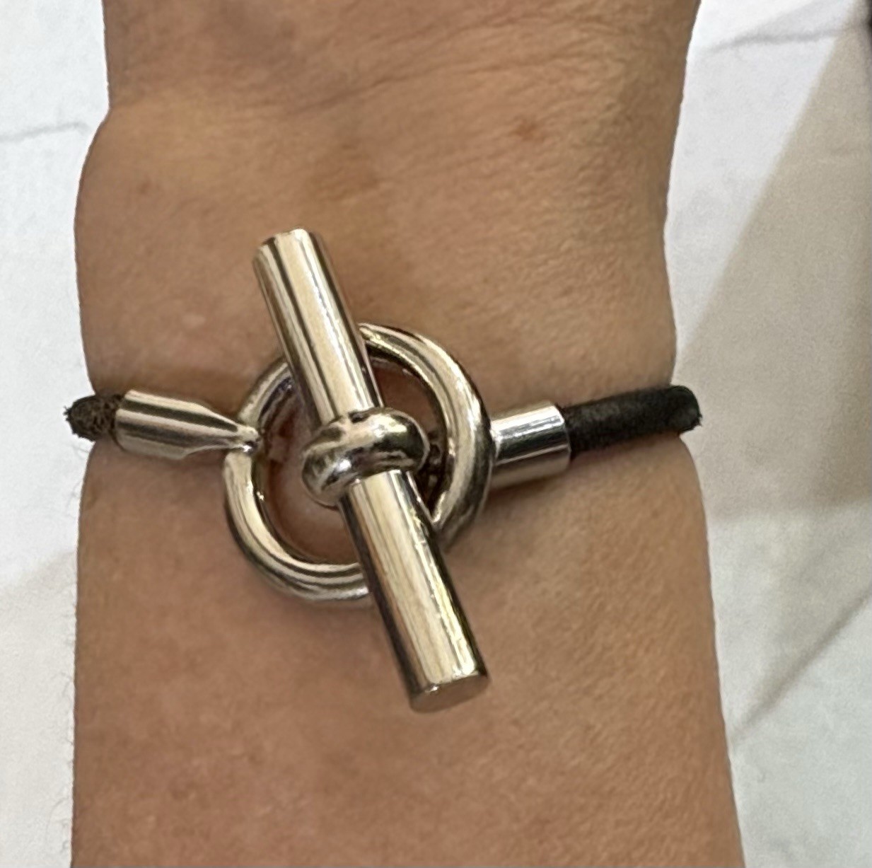 HERMES Black Leather (not braided) Bracelet Silver Palladium-Plated Toggle Clasp