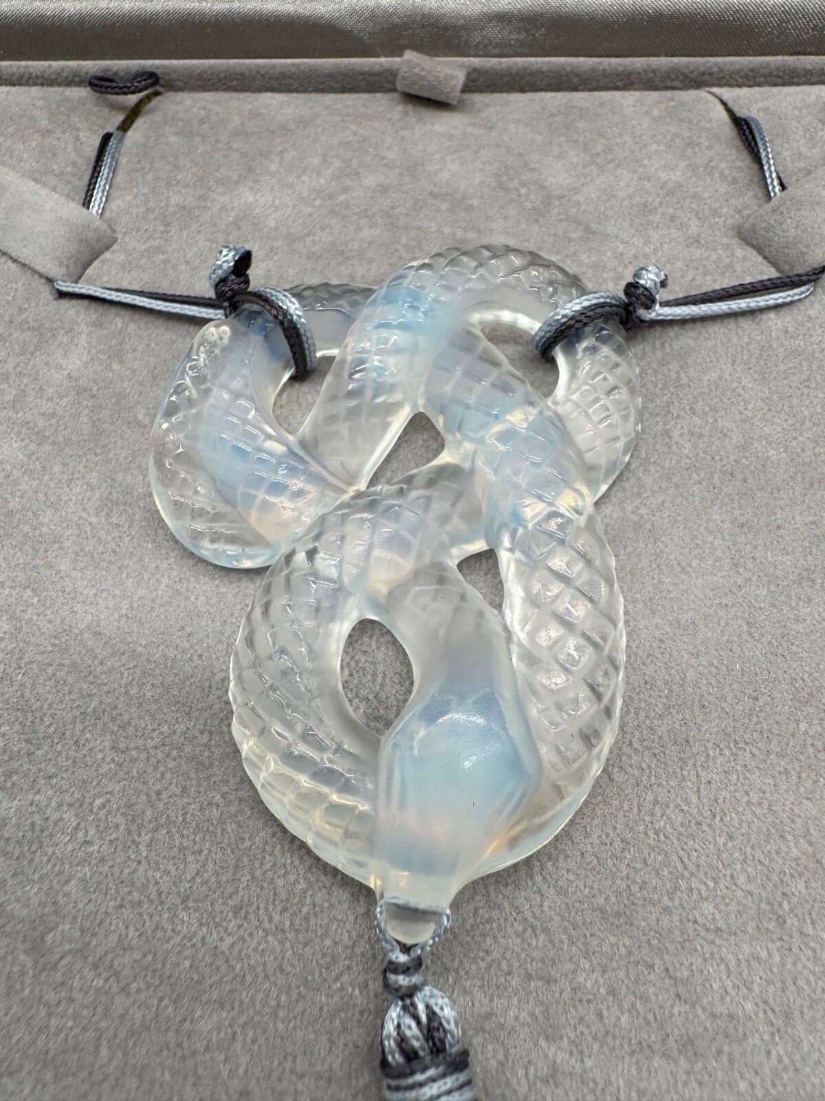 Lalique France Crystal Clear Snake Serpent Pendant Silk Cord Necklace w/ Box