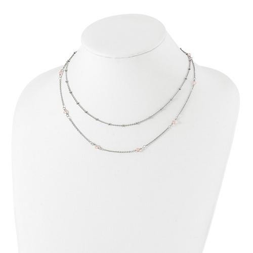 Chisel Polished Stainless Steel 2-Strand Beaded Necklace With Pink Crystals 16+1