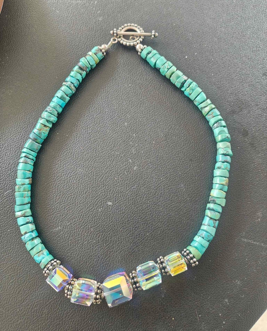 Turquoise Navajo Beaded Necklace w/ Iridescent Crystal, Toggle Clasp