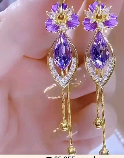 Exquisite Lavender Floral Tassel &cubic Zirconia Earrings, Leverback, Goldtone