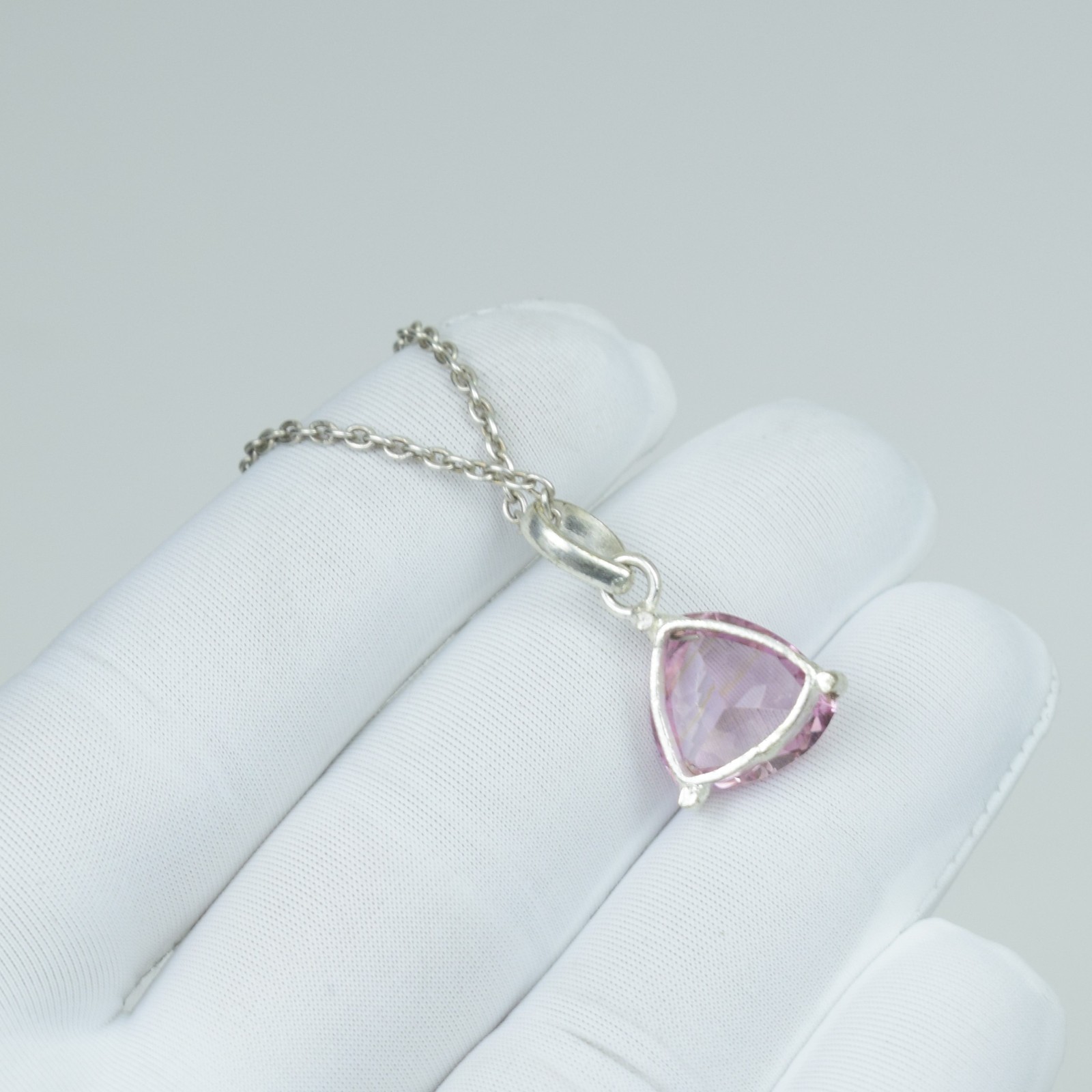 925 Solid Sterling Silver Pink Kunzite Necklace Jewelry, 16Ct Triangle Pendant,