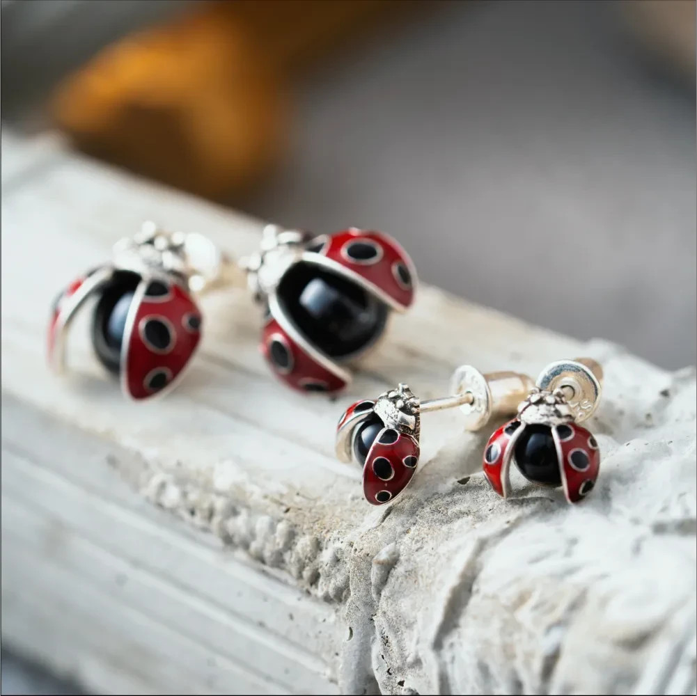 Oxidized Silver Ladybug Studs, Gemstone Earrings, Valentine’s Day Gifts