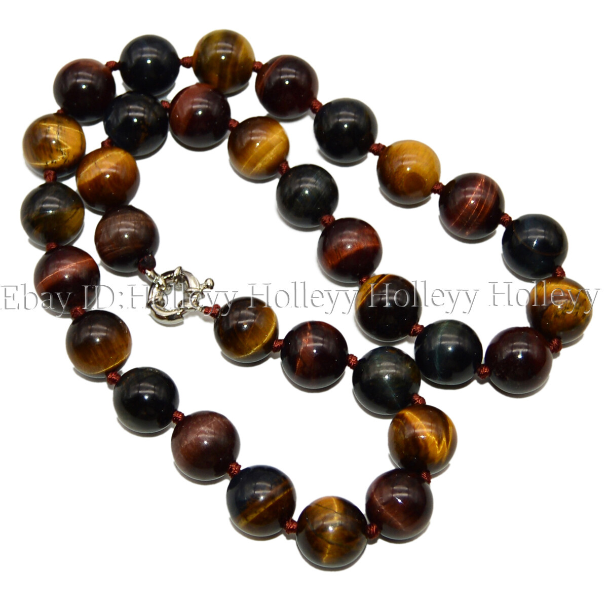 12mm Round Genuine Natural Multicolor Tiger’s Eye Gemstone Beaded Necklace 24”