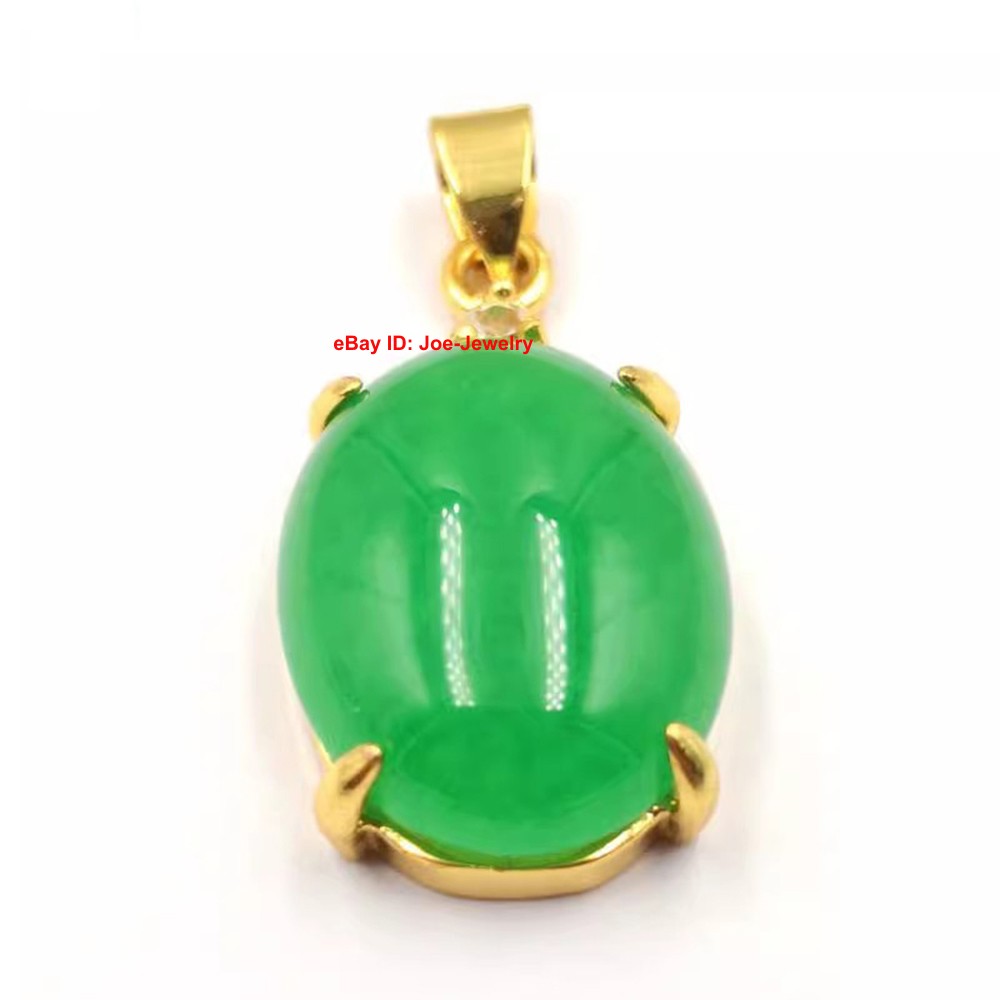 Yellow Plated Alloy Heated Oval Green Jade Pendant Vintage Chinese Style 33mm H