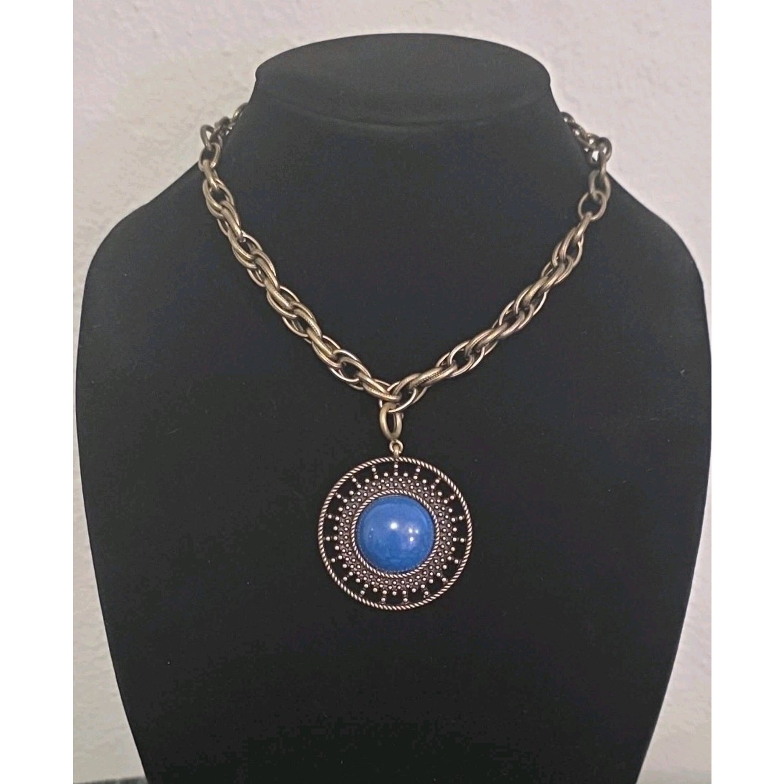Vintage Premier Designs Chain Necklace Removable Blue Lucite Cabochon Pendant