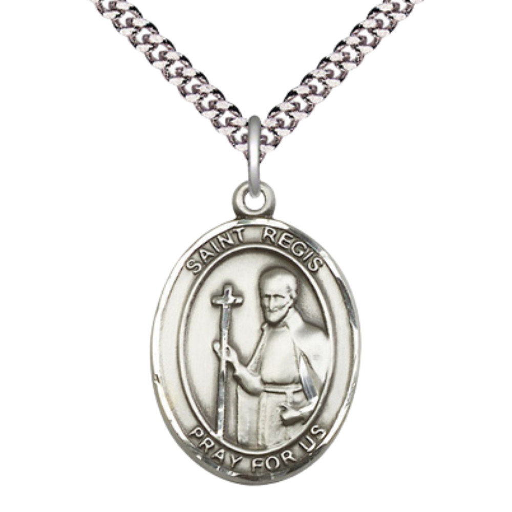 Large Pewter Saint Regis Medal Pendant 24″ Lobster Claw Chain Religious Necklace