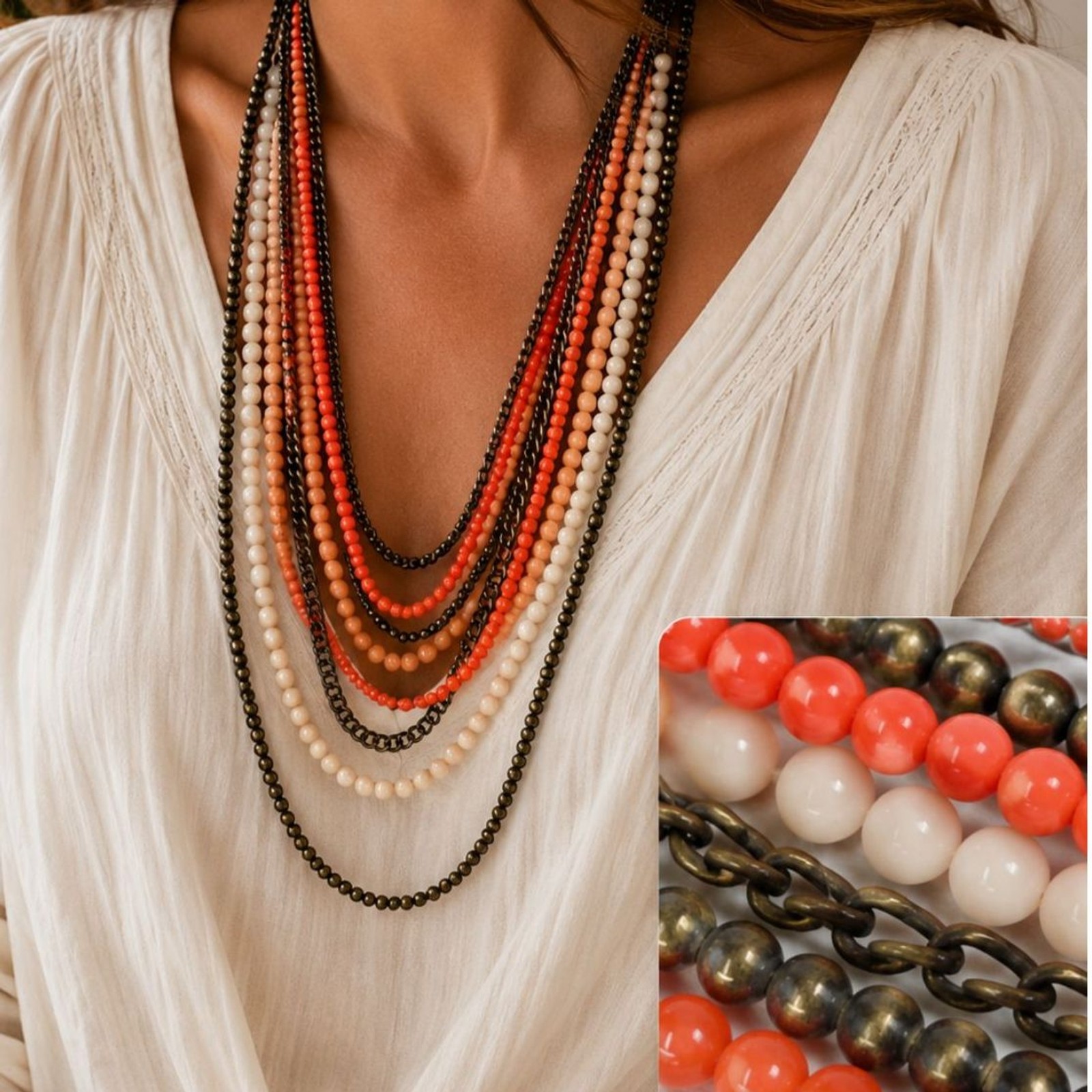 Multi Strand Beaded Necklace Coral Peach Cream Bronze Tone Statement 19″