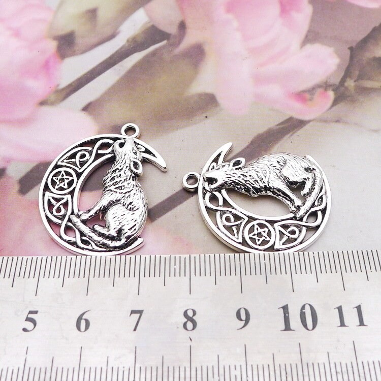 6/15PCS Silver Wolf Howling Celtic Crescent Moon Charm Pendant 33X26mm JHS817