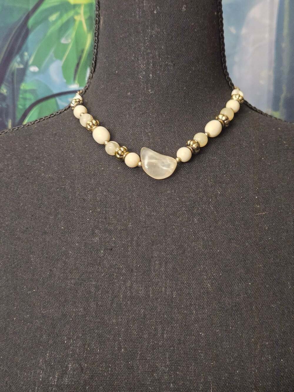 Vintage Cream Lucite Bead and Gold-Tone Accent Necklace with Central Stone