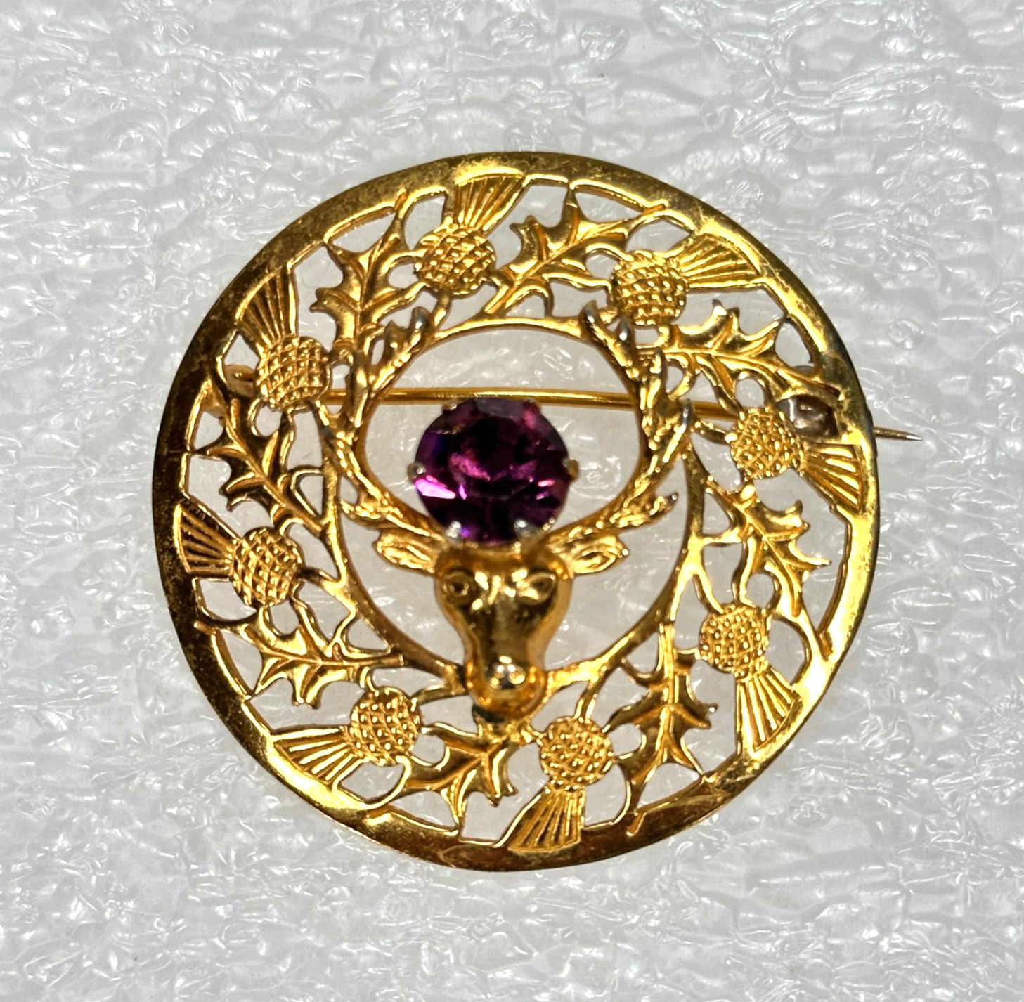 Brooch MIZPAH Scottish Stag Head Celtic Thistle Round Gold Tone Amethyst Stone