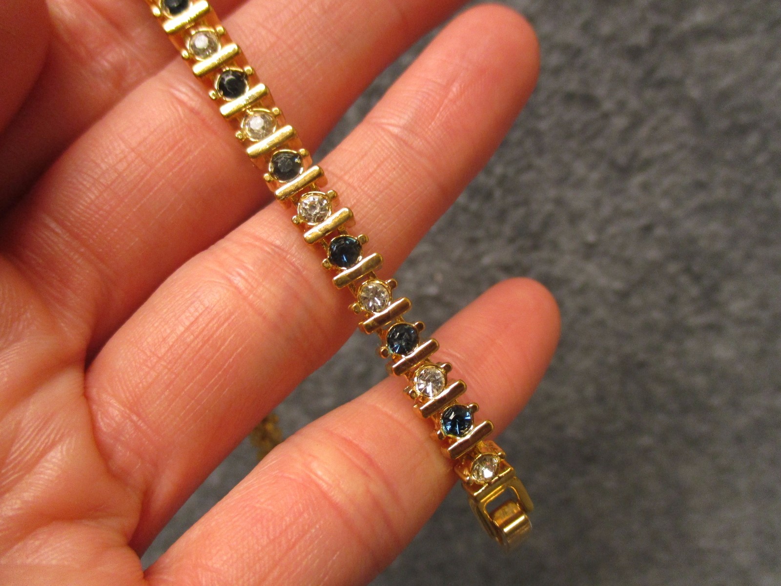 Gold Tone Rhinestone & Faux Saphire Tennis Bracelet 7″ Long 3 Designs NEW