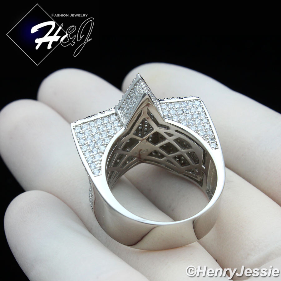 MEN SOLID 925 STERLING SILVER ICY BLING BAGUETTE CZ 3D DOUBLE STAR RING*SR179