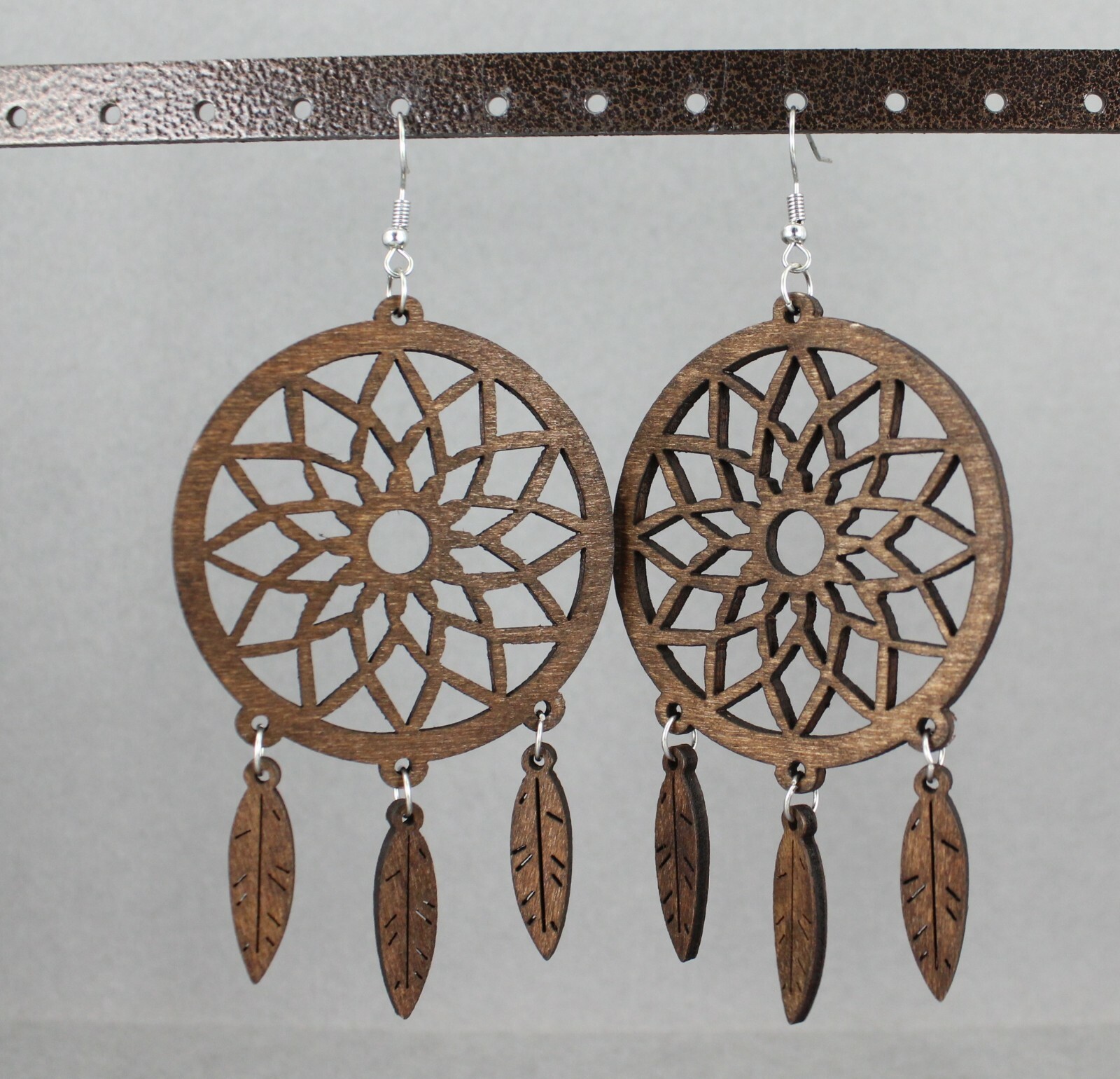 Dark Brown wood dream catcher feather earrings big lightweight leaf 4.25″ long