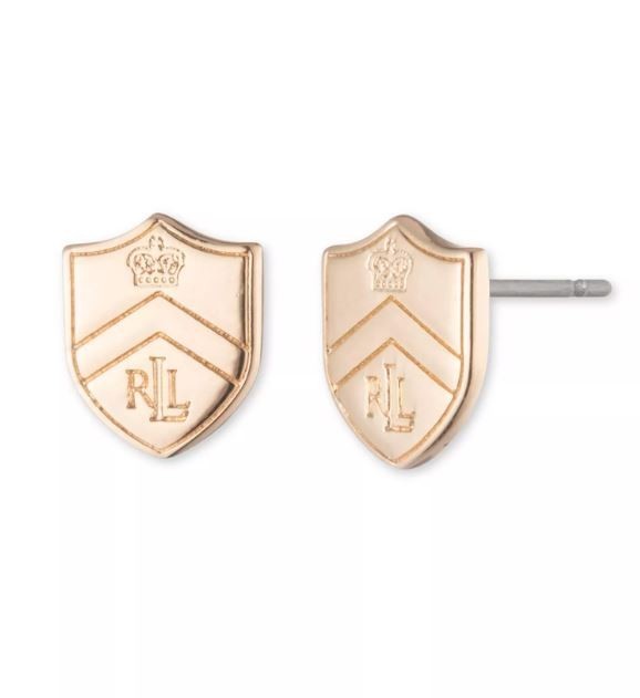 NEW Lauren Ralph Lauren RLL Logo Crest Shield Stud Earrings Gold Tone on Card