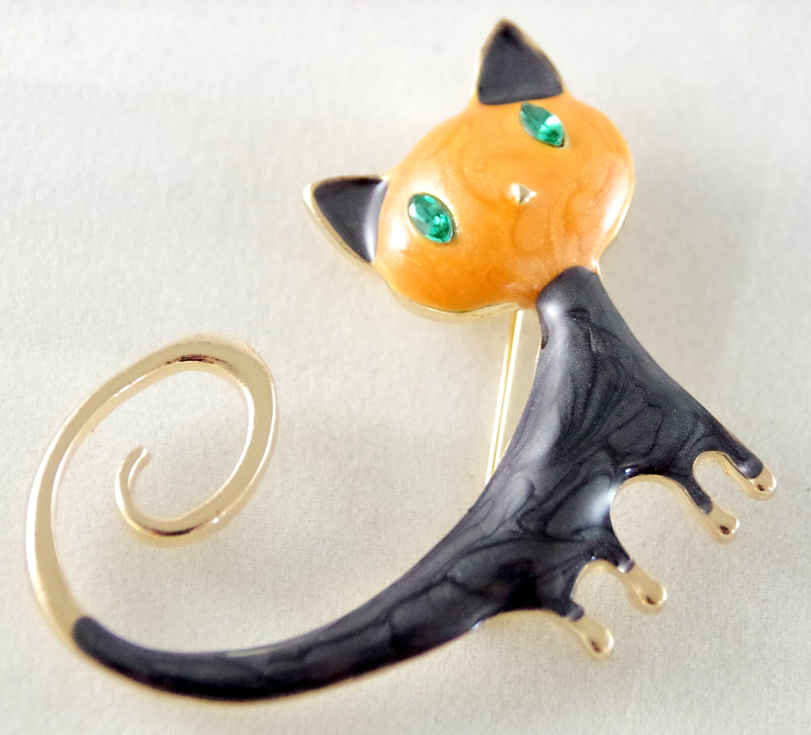 2″ ORANGE & BLACK CAT RHINESTONE EYES ENAMEL GOLD HALLOWEEN BROOCH PENDANT COMBO