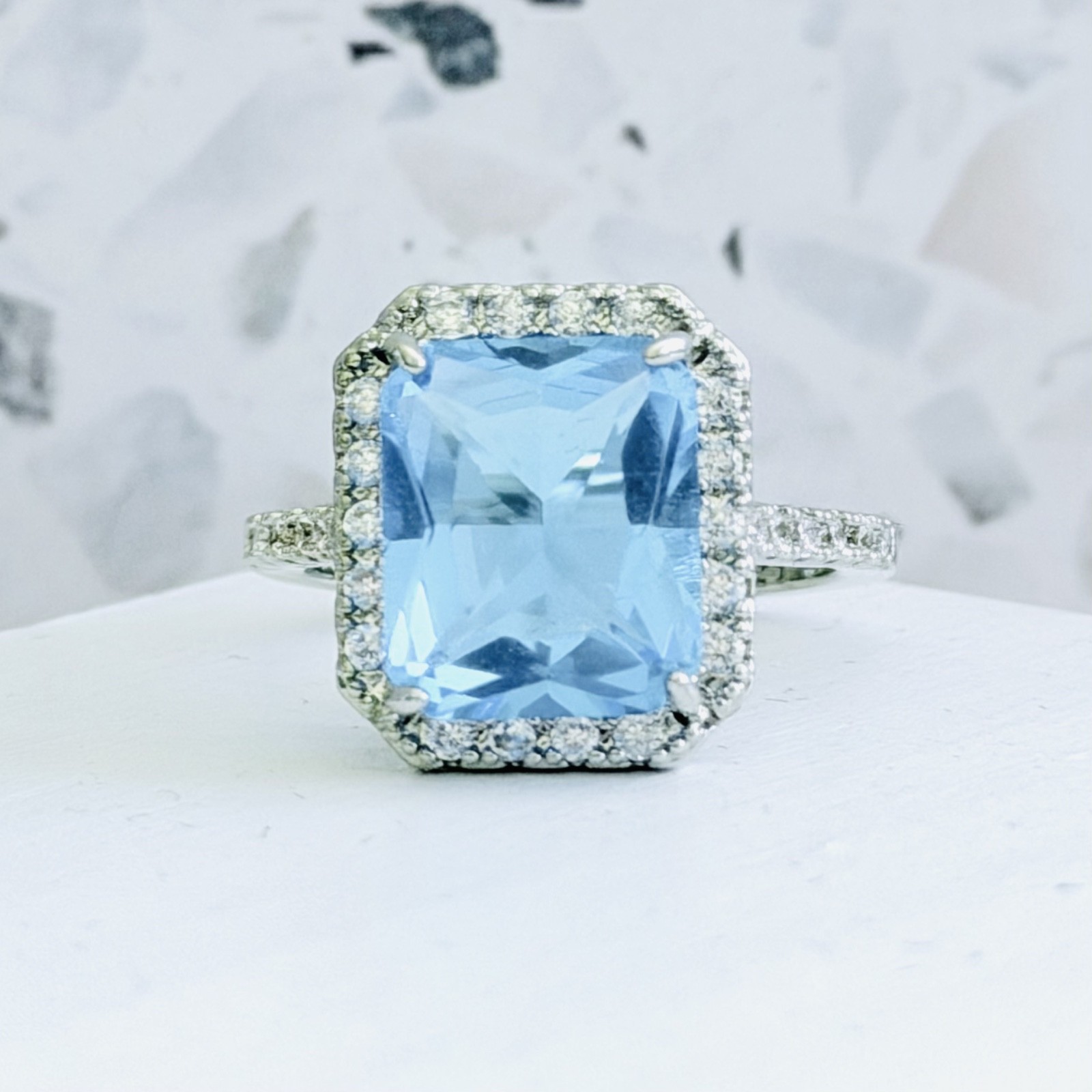 5CT Emerald Cut 14k Gold 925 Sterling Aquamarine Cocktail Women’s Ring
