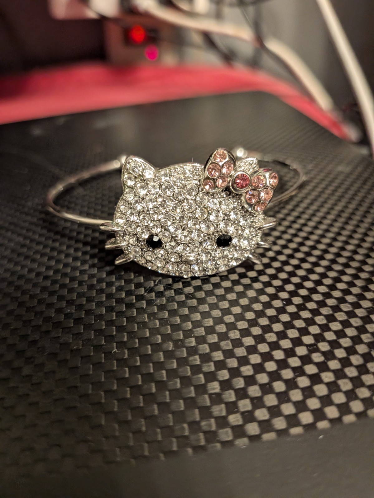 Silver Tone Rhinestone Cat Face Open Cuff Bangle Bracelet, Adjustable, Pink Bow