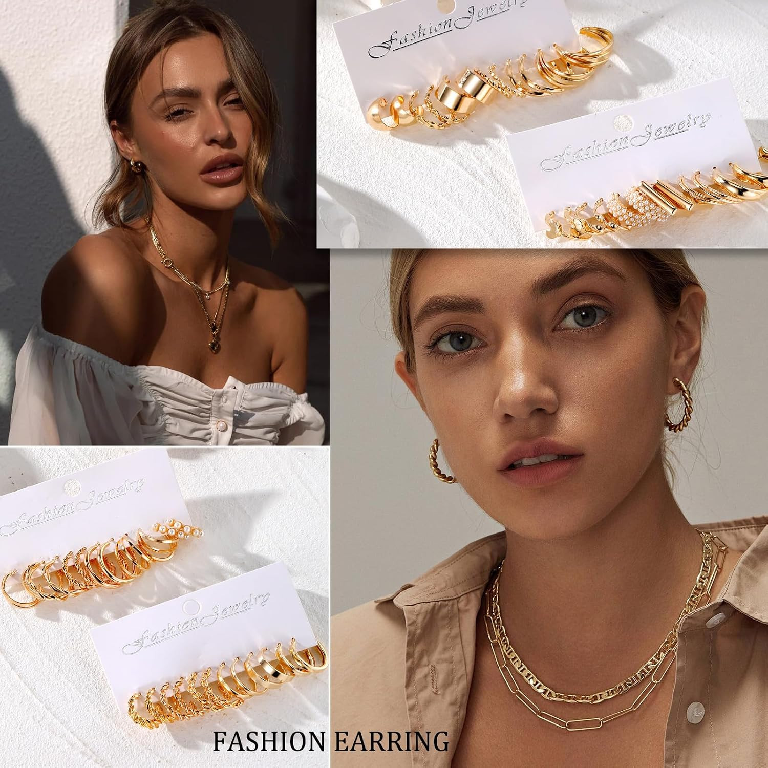 16-24 Pairs Gold Silver Black Earring Set for Women, Chunky Earring Multipack Pu