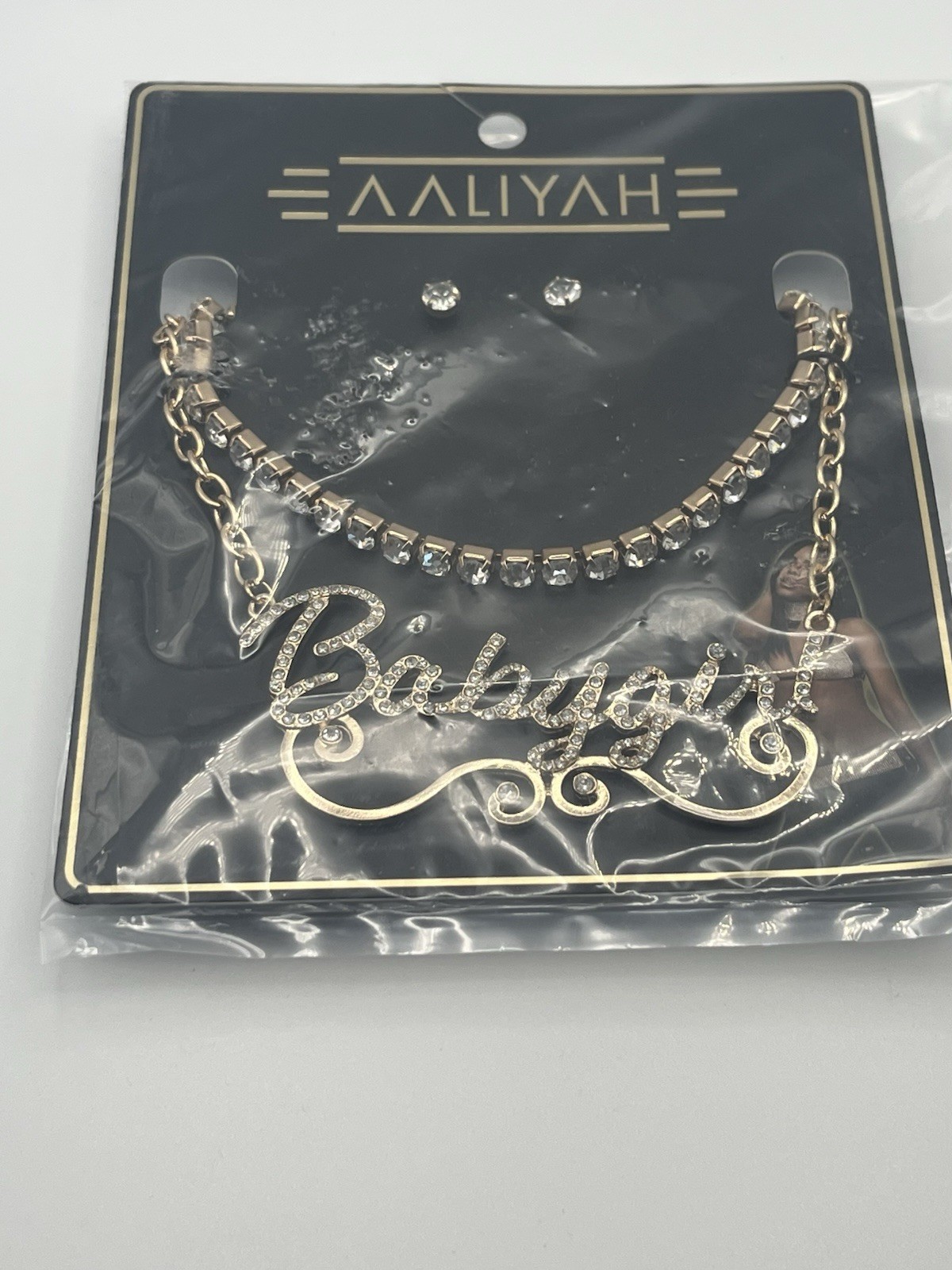 AALIYAH Gold Tone Necklace & Earrings Set Jewelry Rhinestone Hip Hop “Babygirl”