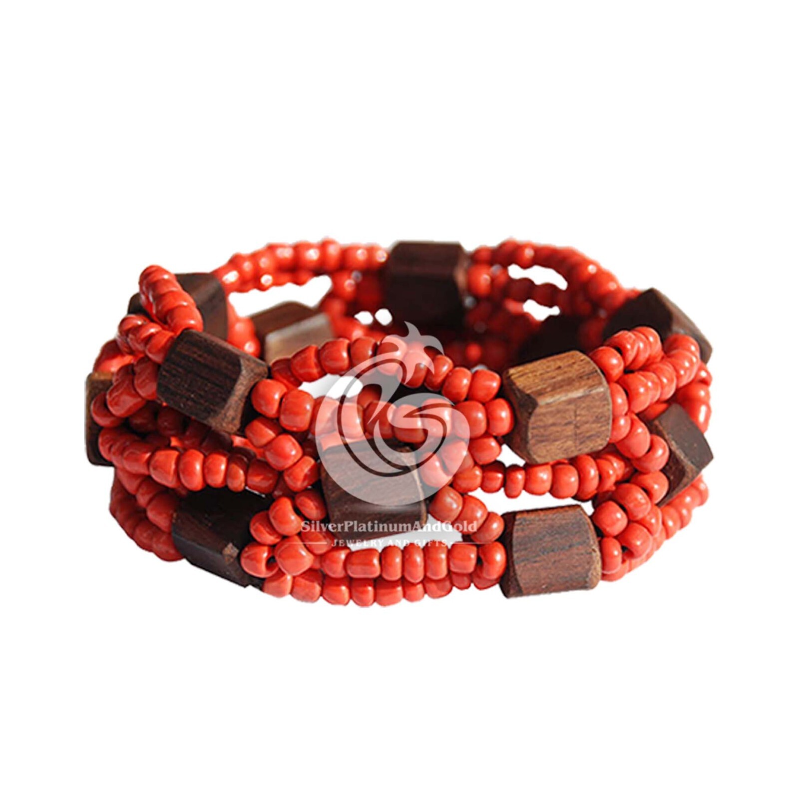 Beautiful RED 10-Strand Elastic Glass Beaded Bracelet With Dark Hard Wood Bead