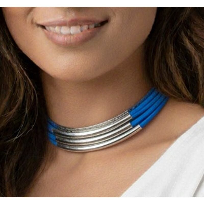 New Silvertone Blue Necklace Lobster Clasp W/ extender