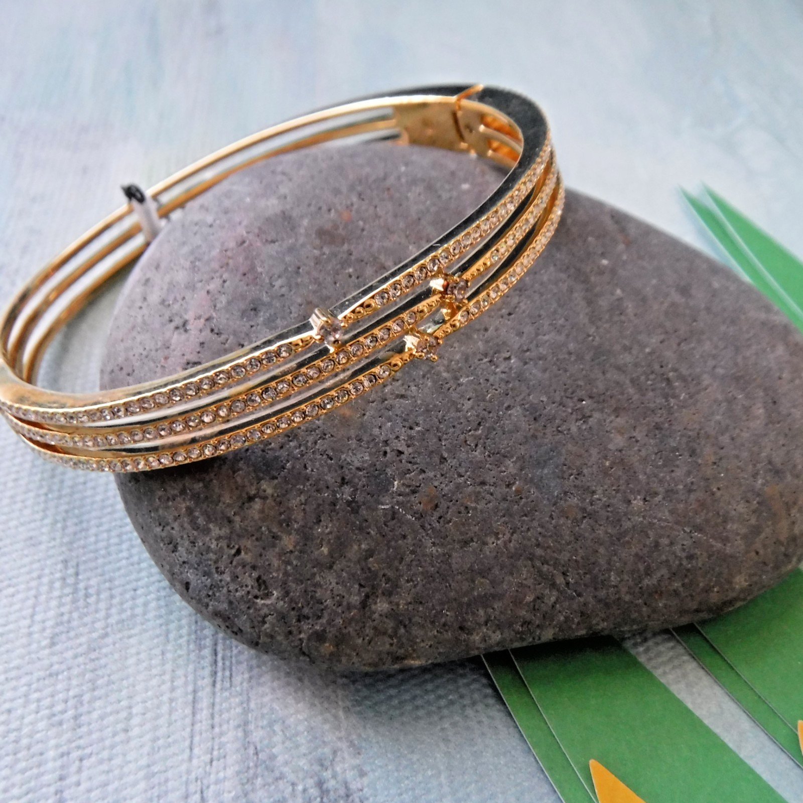 NARDI 3 Row Gold Plated Crystal Snap Closure Bangle NWT